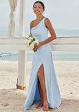 A-line One-Shoulder Sleeveless Floor-Length Stretch Crepe Bridesmaid Dresses with Pleated Split Bailee STIP0025284