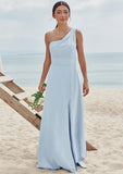 A-line One-Shoulder Sleeveless Floor-Length Stretch Crepe Bridesmaid Dresses with Pleated Split Bailee STIP0025284