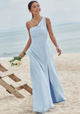 A-line One-Shoulder Sleeveless Floor-Length Stretch Crepe Bridesmaid Dresses with Pleated Split Bailee STIP0025284