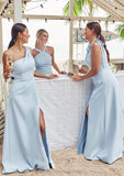 A-line One-Shoulder Sleeveless Floor-Length Stretch Crepe Bridesmaid Dresses with Pleated Split Bailee STIP0025284