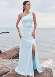 A-line One-Shoulder Sleeveless Floor-Length Stretch Satin Bridesmaid Dresses with Split Chana STIP0025285