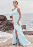 A-line One-Shoulder Sleeveless Floor-Length Stretch Satin Bridesmaid Dresses with Split Chana STIP0025285