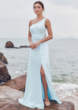 A-line One-Shoulder Sleeveless Floor-Length Stretch Satin Bridesmaid Dresses with Split Chana STIP0025285