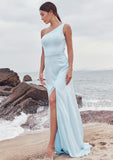 A-line One-Shoulder Sleeveless Floor-Length Stretch Satin Bridesmaid Dresses with Split Chana STIP0025285