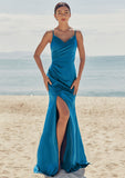 Trumpet/Mermaid V Neck Sleeveless Floor-Length Stretch Satin Bridesmaid Dresses with Pleated Split Cecilia STIP0025286