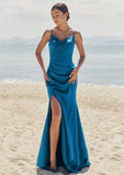 Trumpet/Mermaid V Neck Sleeveless Floor-Length Stretch Satin Bridesmaid Dresses with Pleated Split Cecilia STIP0025286