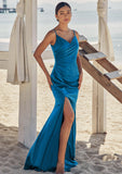 Trumpet/Mermaid V Neck Sleeveless Floor-Length Stretch Satin Bridesmaid Dresses with Pleated Split Cecilia STIP0025286