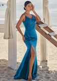 Trumpet/Mermaid V Neck Sleeveless Floor-Length Stretch Satin Bridesmaid Dresses with Pleated Split Cecilia STIP0025286