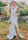 A-line Halter Sleeveless Floor-Length Stretch Satin Bridesmaid Dresses with Split Shea STIP0025287