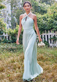 A-line Halter Sleeveless Floor-Length Stretch Satin Bridesmaid Dresses with Split Shea STIP0025287