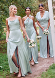 A-line Halter Sleeveless Floor-Length Stretch Satin Bridesmaid Dresses with Split Shea STIP0025287