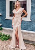 Sheath/Column V Neck Short Sleeve Floor-Length Stretch Satin Bridesmaid Dresses with Ruffles Split Sydnee STIP0025290