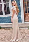 Sheath/Column V Neck Short Sleeve Floor-Length Stretch Satin Bridesmaid Dresses with Ruffles Split Sydnee STIP0025290