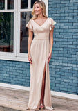 Sheath/Column V Neck Short Sleeve Floor-Length Stretch Satin Bridesmaid Dresses with Ruffles Split Sydnee STIP0025290