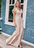 Sheath/Column V Neck Short Sleeve Floor-Length Stretch Satin Bridesmaid Dresses with Ruffles Split Sydnee STIP0025290