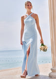 Sheath/Column Halter Sleeveless Floor-Length Stretch Crepe Bridesmaid Dresses with Split Harmony STIP0025291