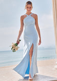 Sheath/Column Halter Sleeveless Floor-Length Stretch Crepe Bridesmaid Dresses with Split Harmony STIP0025291