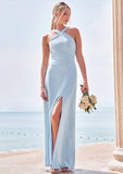 Sheath/Column Halter Sleeveless Floor-Length Stretch Crepe Bridesmaid Dresses with Split Harmony STIP0025291