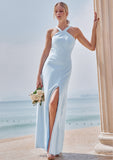 Sheath/Column Halter Sleeveless Floor-Length Stretch Crepe Bridesmaid Dresses with Split Harmony STIP0025291