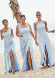 Sheath/Column Halter Sleeveless Floor-Length Stretch Crepe Bridesmaid Dresses with Split Harmony STIP0025291