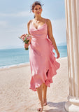 A-line V Neck Sleeveless Asymmetrical Stretch Satin Bridesmaid Dresses with Sashes Ruffles Roberta STIP0025292