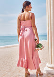 A-line V Neck Sleeveless Asymmetrical Stretch Satin Bridesmaid Dresses with Sashes Ruffles Roberta STIP0025292