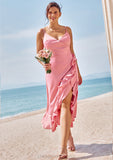 A-line V Neck Sleeveless Asymmetrical Stretch Satin Bridesmaid Dresses with Sashes Ruffles Roberta STIP0025292