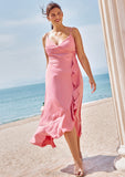 A-line V Neck Sleeveless Asymmetrical Stretch Satin Bridesmaid Dresses with Sashes Ruffles Roberta STIP0025292