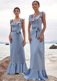 Sheath/Column Scoop Neck Sleeveless Floor-Length Stretch Satin Bridesmaid Dresses with Sashes Ruffles Ally STIP0025293