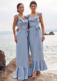 Sheath/Column Scoop Neck Sleeveless Floor-Length Stretch Satin Bridesmaid Dresses with Sashes Ruffles Ally STIP0025293