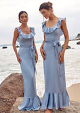 Sheath/Column Scoop Neck Sleeveless Floor-Length Stretch Satin Bridesmaid Dresses with Sashes Ruffles Ally STIP0025293