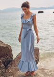 Sheath/Column Scoop Neck Sleeveless Floor-Length Stretch Satin Bridesmaid Dresses with Sashes Ruffles Ally STIP0025293