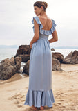 Sheath/Column Scoop Neck Sleeveless Floor-Length Stretch Satin Bridesmaid Dresses with Sashes Ruffles Ally STIP0025293