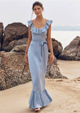 Sheath/Column Scoop Neck Sleeveless Floor-Length Stretch Satin Bridesmaid Dresses with Sashes Ruffles Ally STIP0025293