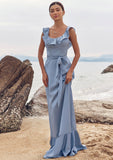 Sheath/Column Scoop Neck Sleeveless Floor-Length Stretch Satin Bridesmaid Dresses with Sashes Ruffles Ally STIP0025293