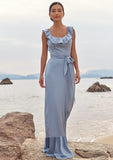 Sheath/Column Scoop Neck Sleeveless Floor-Length Stretch Satin Bridesmaid Dresses with Sashes Ruffles Ally STIP0025293