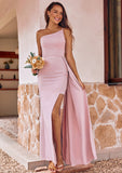 Sheath/Column One-Shoulder Sleeveless Floor-Length Stretch Crepe Bridesmaid Dresses with Side Draping Split Adrianna STIP0025295