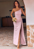 Sheath/Column One-Shoulder Sleeveless Floor-Length Stretch Crepe Bridesmaid Dresses with Side Draping Split Adrianna STIP0025295