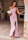 Sheath/Column One-Shoulder Sleeveless Floor-Length Stretch Crepe Bridesmaid Dresses with Side Draping Split Adrianna STIP0025295