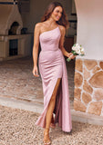 Sheath/Column One-Shoulder Sleeveless Floor-Length Stretch Crepe Bridesmaid Dresses with Side Draping Split Adrianna STIP0025295