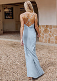 Sheath/Column V Neck Sleeveless Floor-Length Stretch Crepe Bridesmaid Dresses with Pleated Split Joselyn STIP0025296