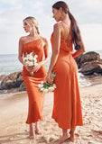 Sheath/Column One-Shoulder Sleeveless Tea-Length Stretch Satin Bridesmaid Dresses with Pleated .co.uk Lia STIP0025297