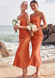 Sheath/Column One-Shoulder Sleeveless Tea-Length Stretch Satin Bridesmaid Dresses with Pleated .co.uk Lia STIP0025297