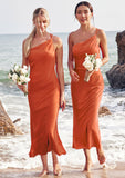 Sheath/Column One-Shoulder Sleeveless Tea-Length Stretch Satin Bridesmaid Dresses with Pleated .co.uk Lia STIP0025297