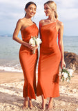 Sheath/Column One-Shoulder Sleeveless Tea-Length Stretch Satin Bridesmaid Dresses with Pleated .co.uk Lia STIP0025297