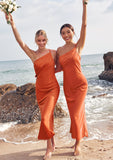 Sheath/Column One-Shoulder Sleeveless Tea-Length Stretch Satin Bridesmaid Dresses with Pleated .co.uk Lia STIP0025297