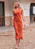 Sheath/Column One-Shoulder Sleeveless Tea-Length Stretch Satin Bridesmaid Dresses with Pleated .co.uk Lia STIP0025297