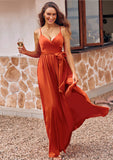 A-line V Neck Sleeveless Floor-Length Stretch Satin Bridesmaid Dresses with Bowknot Pleated Split Kaydence STIP0025298