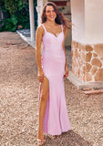 Trumpet/Mermaid V Neck Sleeveless Floor-Length Jersey Bridesmaid Dresses with Pleated Split Karly STIP0025299