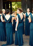 A-line V Neck Sleeveless Sweep Train Jersey Bridesmaid Dresses with Pleated Mylie STIP0025302